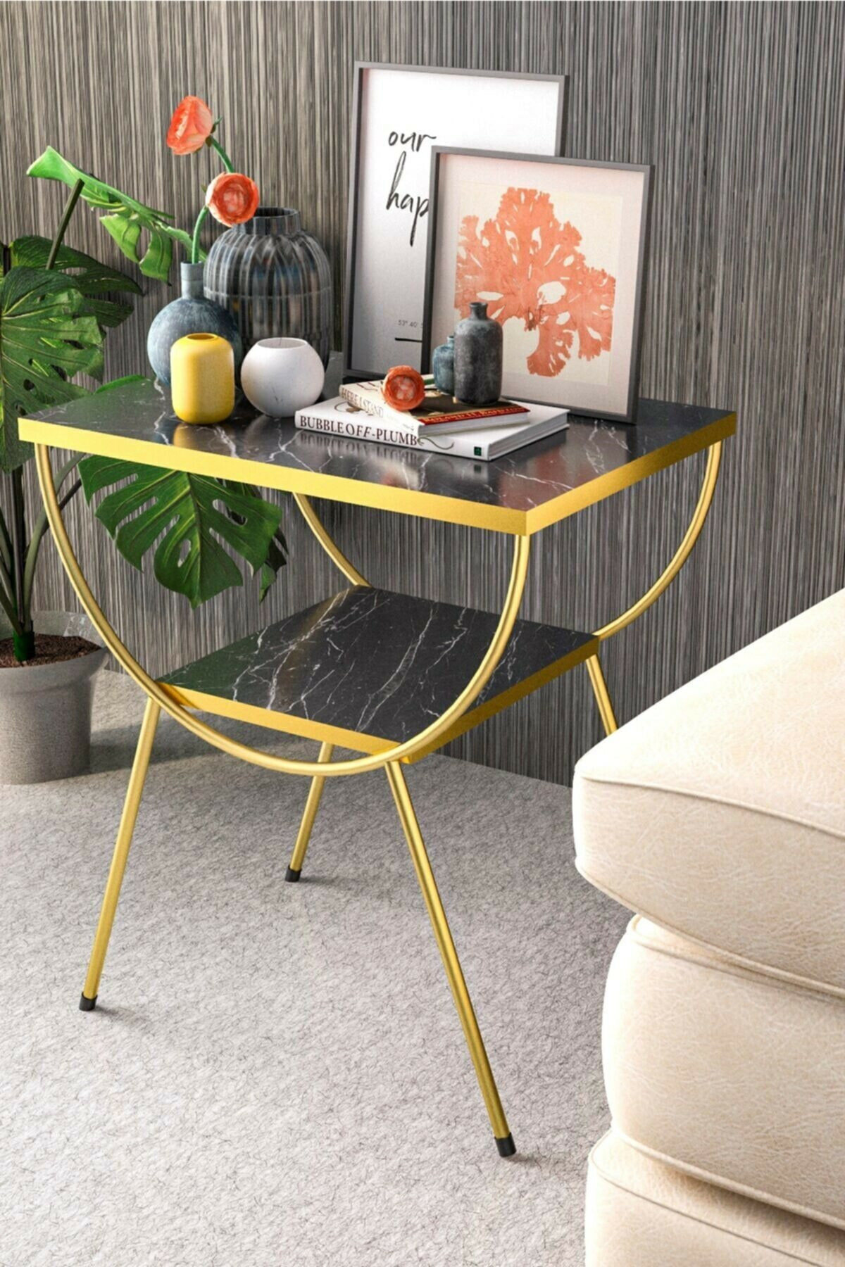 Black Marble Side Table with Gold Metal Legs, Modern Style Faux Marble Nightstand, Modern Coffee