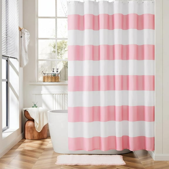 Striped Waterproof Shower Curtain, Pink and White Shower Curtains for Bathroom, Cute Stripes Farmhouse Girls Women Bathroom Shower Curtain, Polyester Fabric Bath Curtain 60"W x 72"L (Pack of 1)