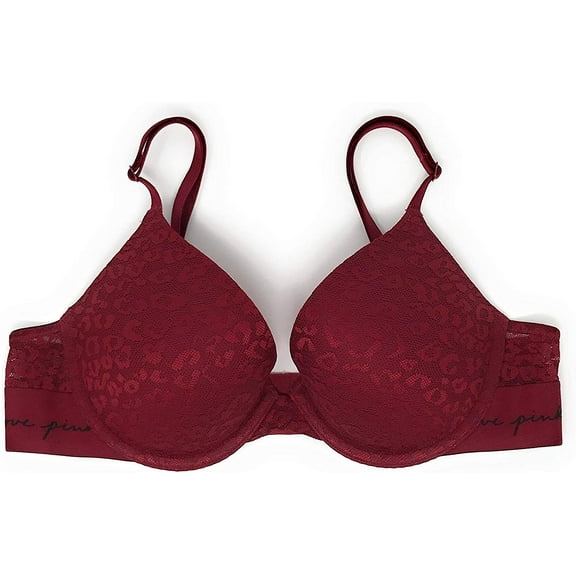 Victoria's Secret Pink Wear Everywhere Push Up Bra Lace Color Cranberry Leo Lace Size 34A NWT