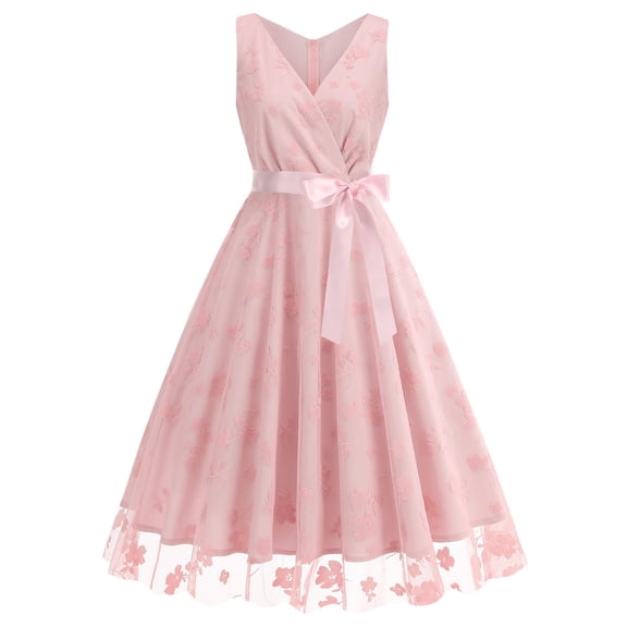 Karymi Sleeveless V Neck Floral Flocked Tulle Midi Dress, Self Belt Bow Wrap Front Vintage Hepburn Swing Cocktail Party Evening Gown Summer Dresses for Women