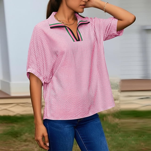 TaTaai Casual V Neck Striped Blouse for Women, Short Sleeve Puff Top, Lightweight Loose Fit Summer Shirt for Everyday Outfits Gift