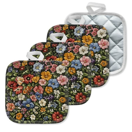 

4Pcs Pot Holder for Kitchen Vibrant Flowers Come In All Shapes Composition Square Heat Resistant Hotpads 8x8in Non Slip Dirt-Proof Kitchen Cook Oven Potholders Machine Washable