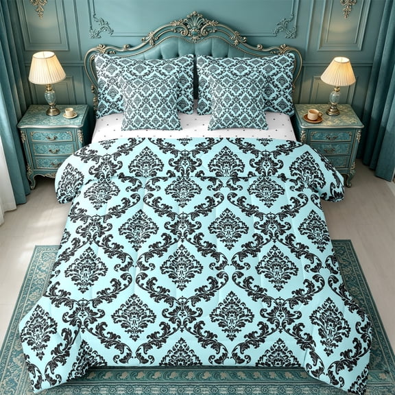 jejeloiu Bright Damask 7 Pieces Full Size Bedding Sets For Girls,Floral Pattern Full Size Bed in a Bag,Black Cyan,Reversible