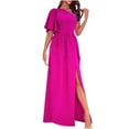 thumbnail image 2 of Robes Maxi pour Femmes Robe d'Automne Couleur Unie à Volants Ourlet Incliné Fendu Manches Courtes Robe à Épaules Inclinées Robe à Manches Courtes en Liquidation, 2 of 6