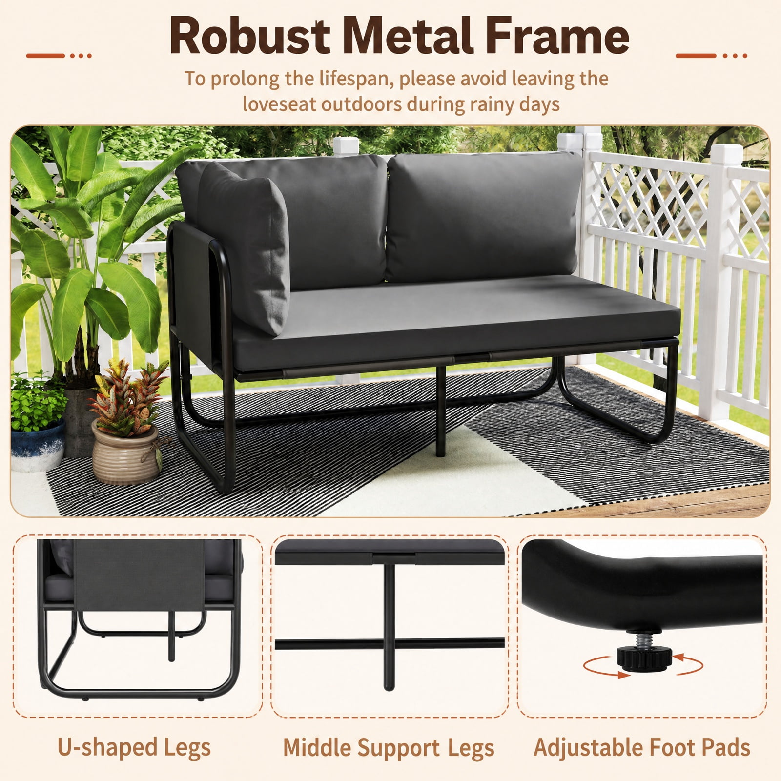 Furnibear Patio Loveseat Sofa Couch with Removable Pillows and Seat Cushion for Yard Garden Porch and Poolside Seating, Gray