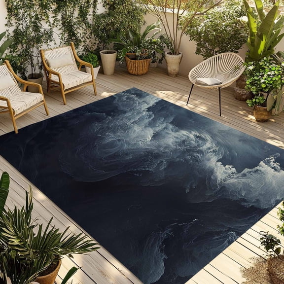 Fsddascl Navy Blue Abstract Art Outdoor Rug for Patio/Deck/Porch, Non-Slip Large Area Rug 5 x 8 Ft, Modern Waves Art Indoor Outdoor Rugs Washable Area Rugs, Reversible Camping Rug Carpet Runner