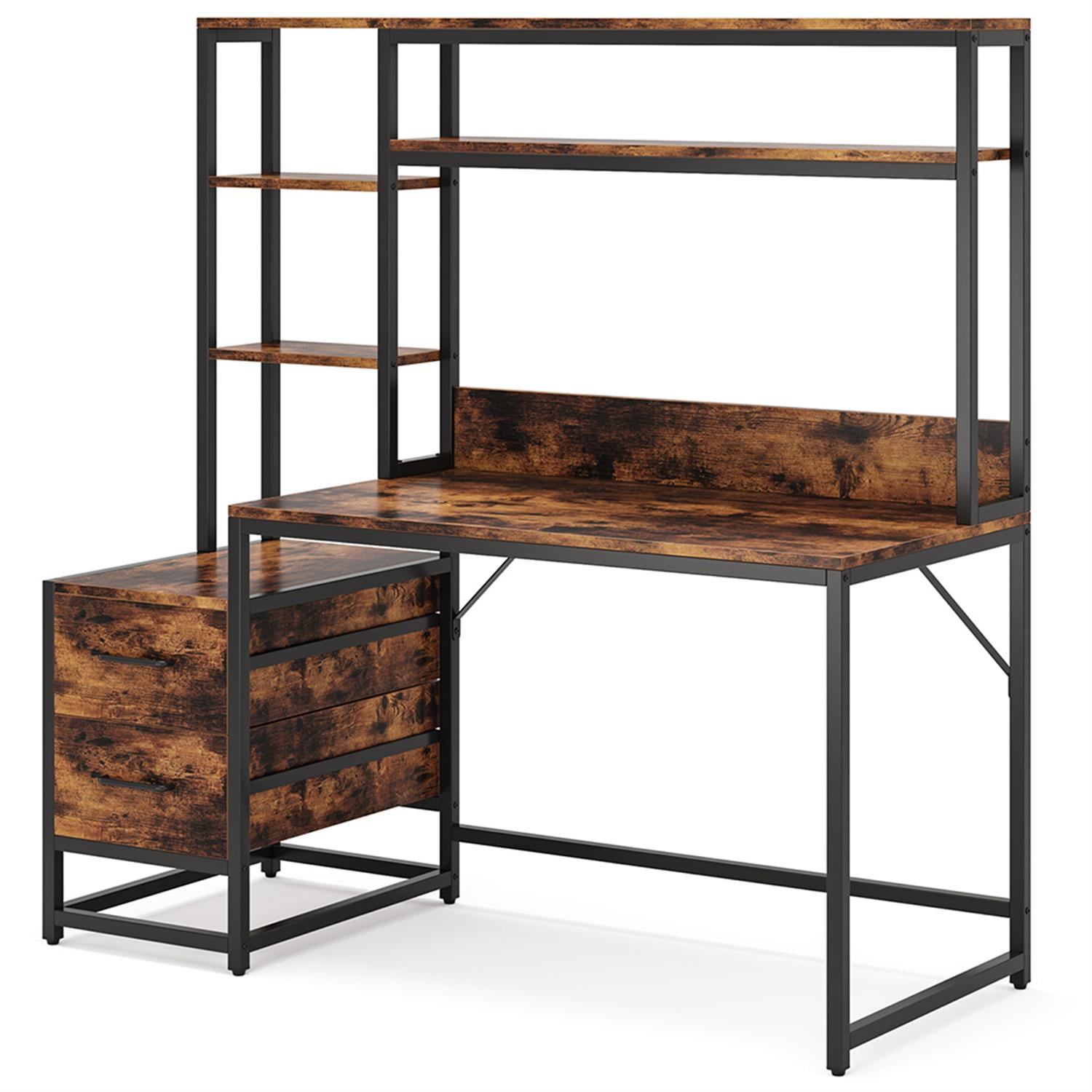 Demi Bonn 60" Computer Desk with 2 Drawers and Storage Shelves, Reversible L-Shaped Gaming Desk, Work Desk for Home Office, Study, Living Room, Brown