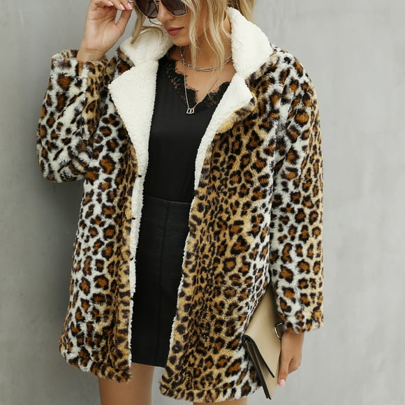 Hjcommed Manteaux d'Hiver Chauds pour Femmes, Fausse Fourrure Léopard, Veste Chaude à Manches Longues Marron TTG