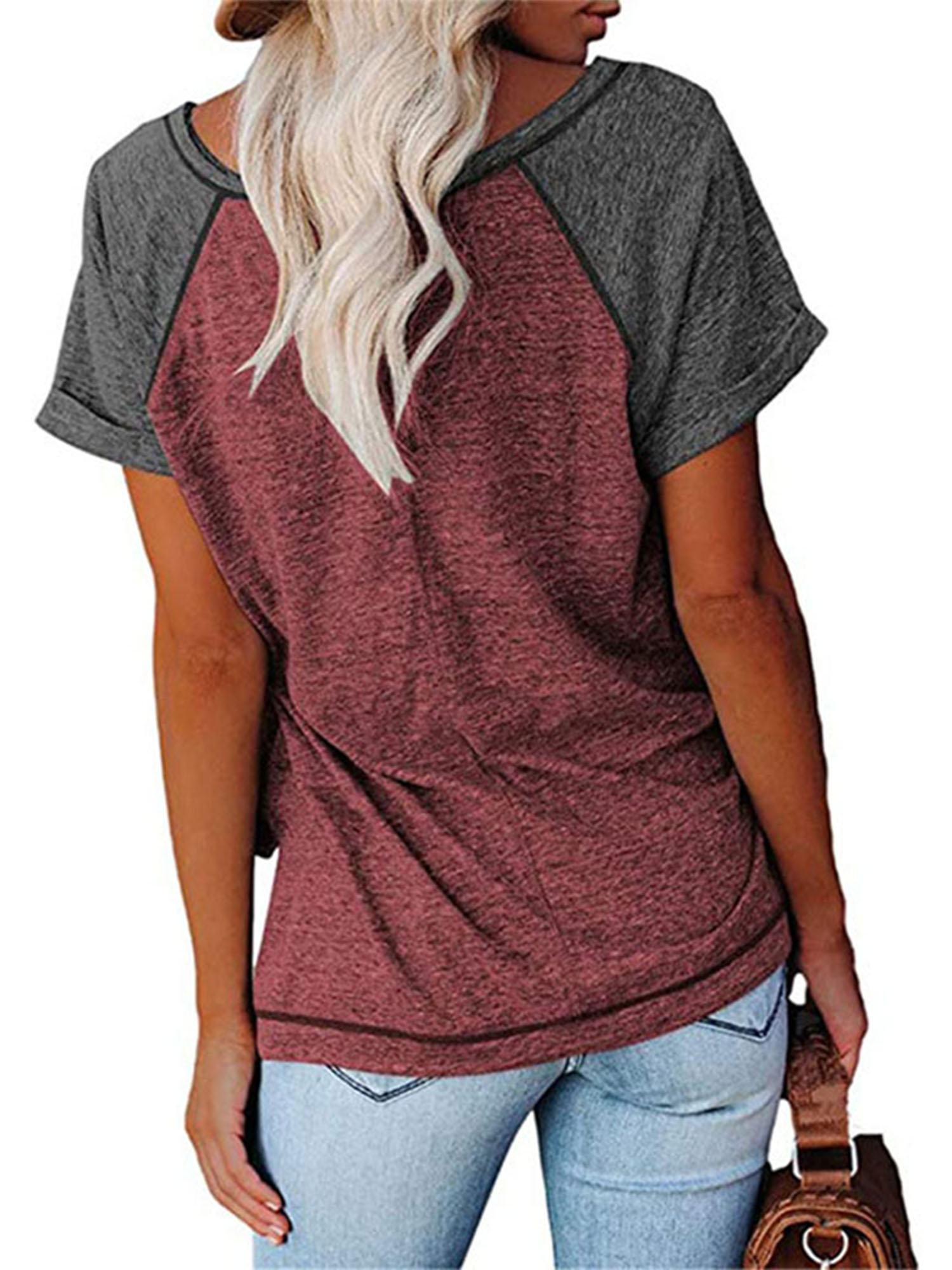 Women Ladies Casual Tops Short Sleeve Color Block T-shirt V Neck Tunic Blouse Tee Ladies Stylish Sport Athletic Tops - image 3 of 3