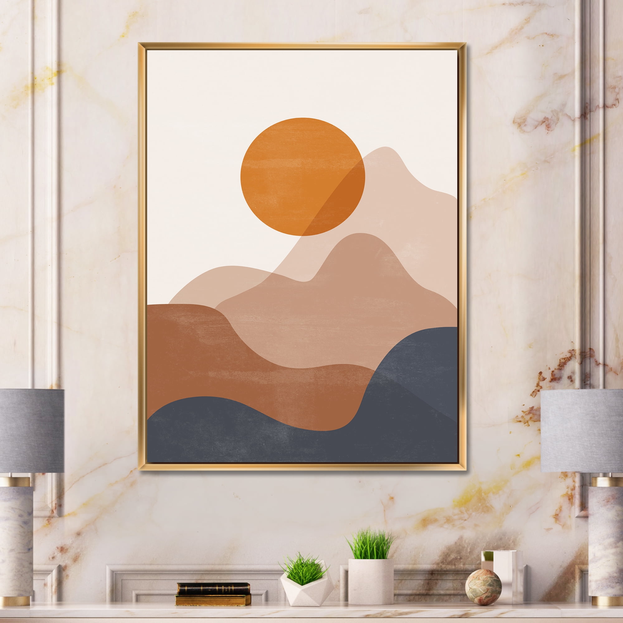 Designart 'Abstract Earth Toned Mountains With Red Moon II' Modern Framed Canvas Wall Art Print