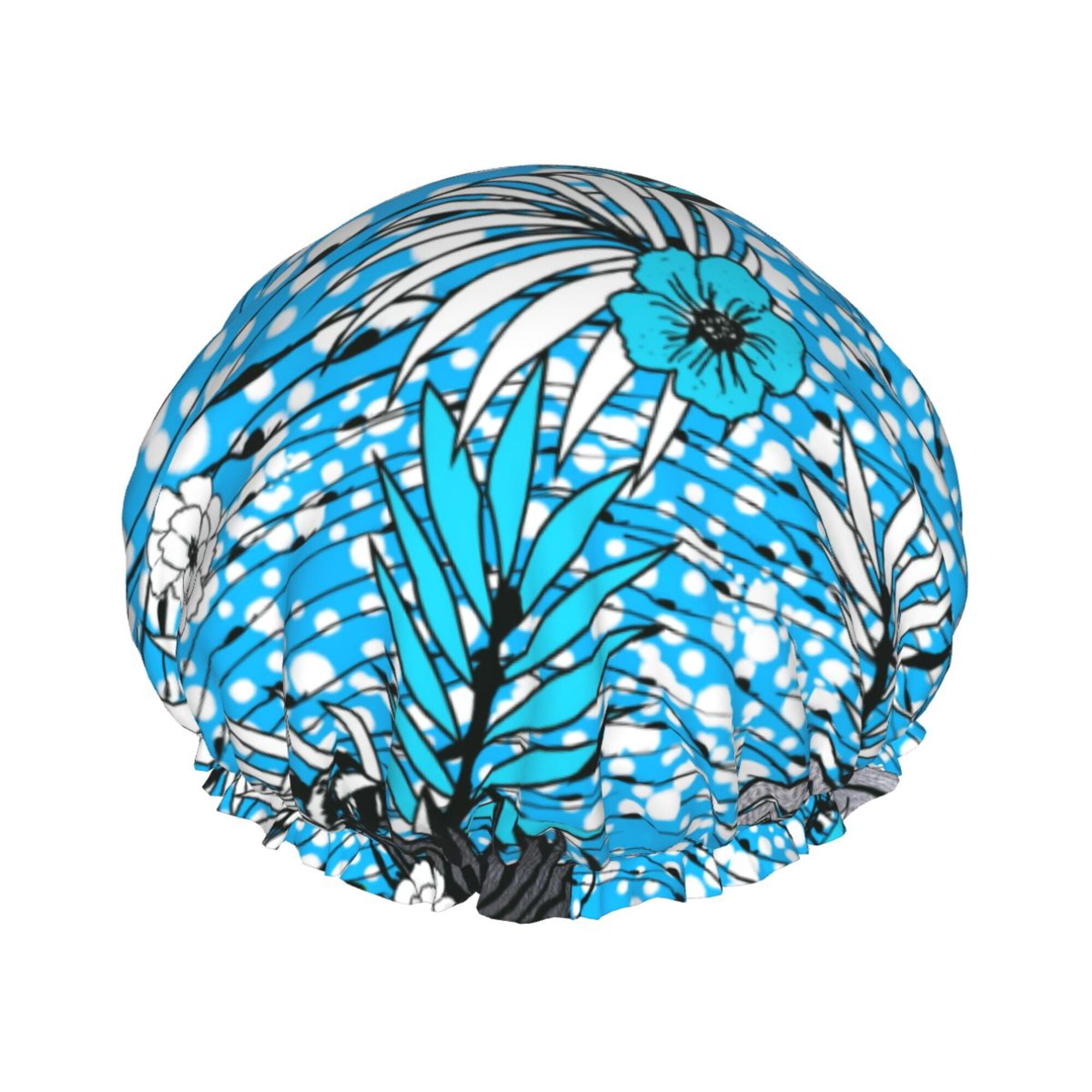 YFYANG Women's Double Waterproof Shower Cap, Blue Floral Line Art