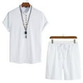 thumbnail image 2 of Zwiiyzr Men's 2 Piece Summer Outfits Stand Collar Trendy Shirt Casual Short Sleeve and Drawstring Shorts Set White 3XL, 2 of 4