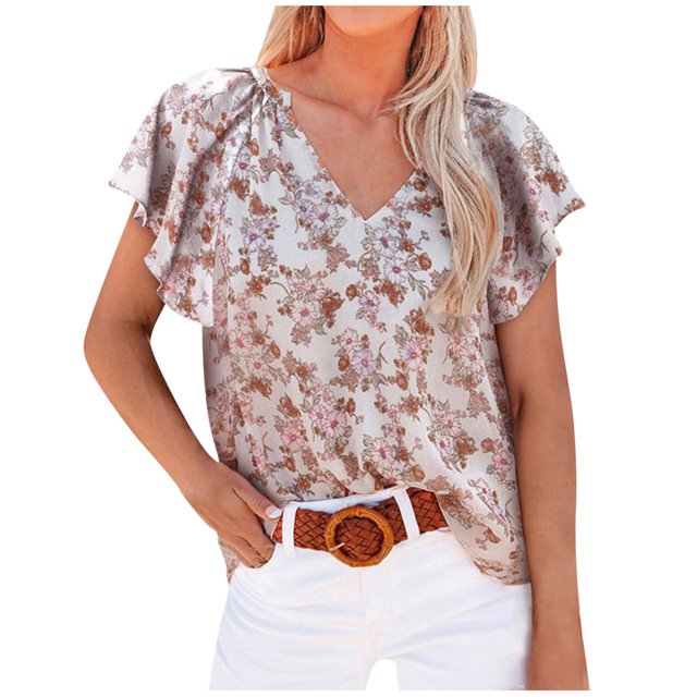Tops Para Mujer Blusa Casual Elegante Camiseta de Manga Corta Con Estampado de Cuello en V Causal de Moda Odeerbi ODB160282
