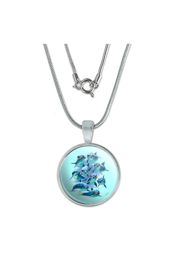 Funny Dolphins in Sunglasses Diving 0.75" Pendant with Sterling Silver Plated Chain