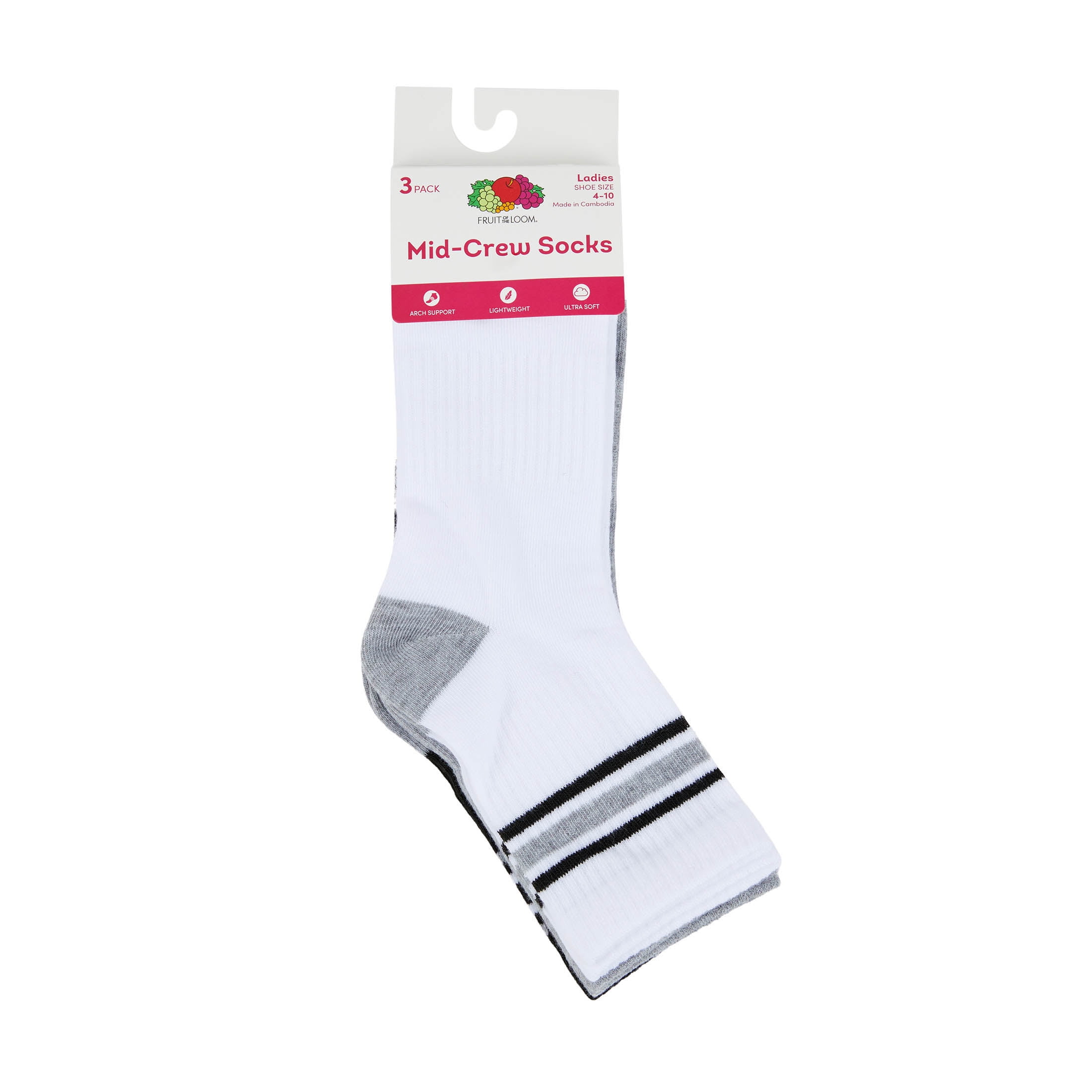 Fruit of the Loom Womens Value Mid Crew Socks, 3-Pack, Sock Sizes 4-10