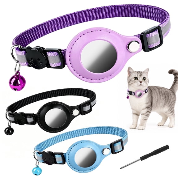 Breakaway AirTag Cat Collar, Reflective with Holder and Bell, Adjustable Lightweight Strap for Cats Kittens, AirTag Not Included(Black, Purple, Blue)