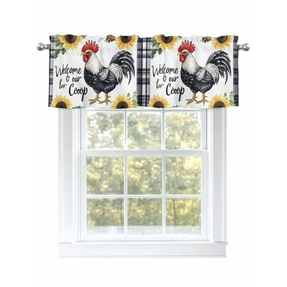 Black White Retro Rooster Curtain Valances for Windows, Sunflower Farmhouse Checkered Kitchen Valance Window Treatment, Light Filtering Block Curtains for Bathroom/Bedroom/Living Room 42'' x 18''