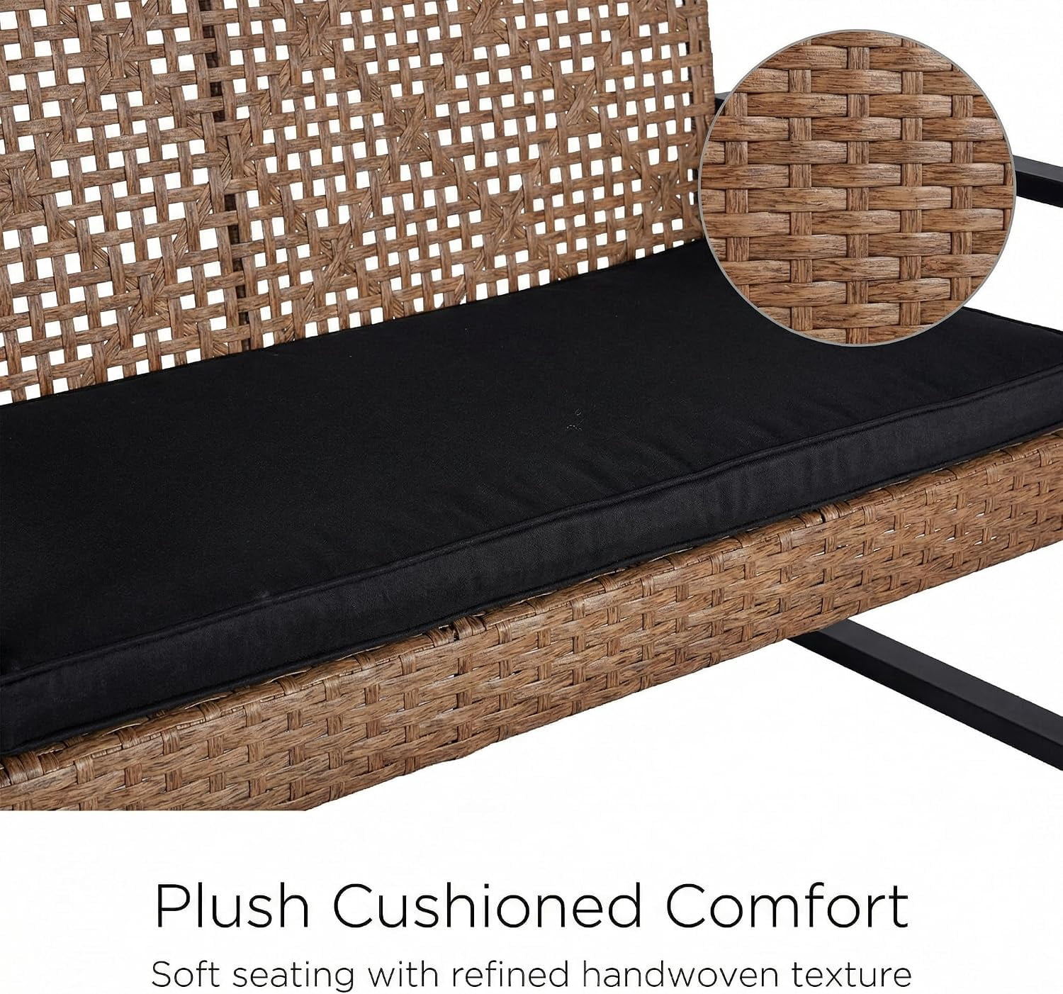 4-Piece Outdoor Patio Furniture Set, Acacia Wood Table Top, Light Brown Rattan with Black Cushions