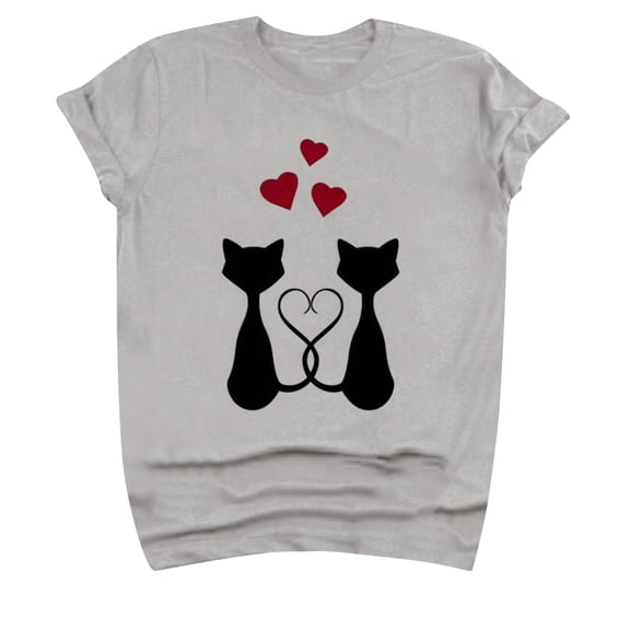 Honeeladyy Savings Happy Valentine's Day Shirts for Women Romantic Black Cat Couple Heart Shape Tail Print Pullover Fashion Crewneck Tops