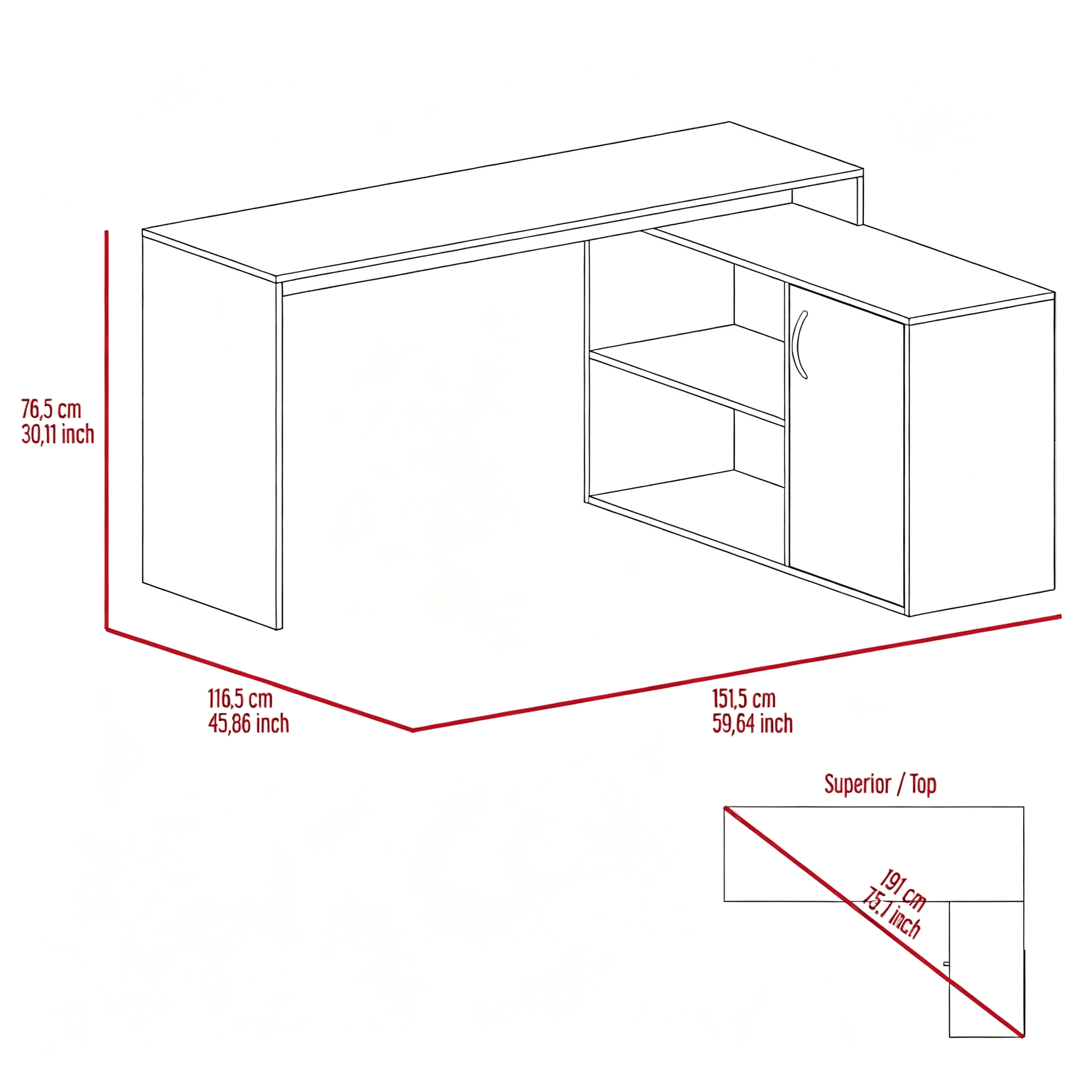 Asteroutdoor L-Shaped Desk Desti, Light Gray Office Desk with Single Door Cabinet and Two Shelves, 59.64 in W x 25.39 in H, Particle Board