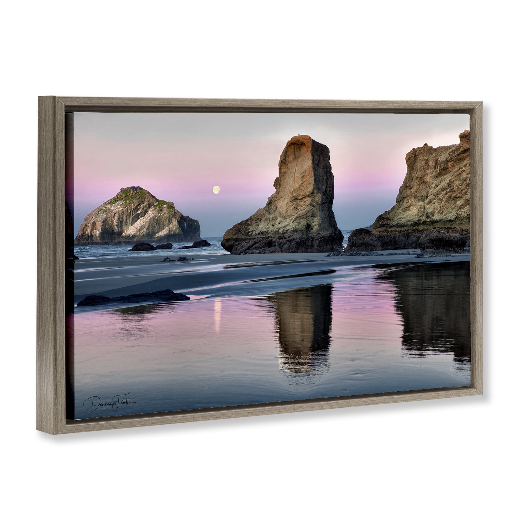 Stupell Industries Moonlit Beach Cliffs Landscape Photography Brown Floater Framed Canvas Art Print Wall Art, 31 x 21