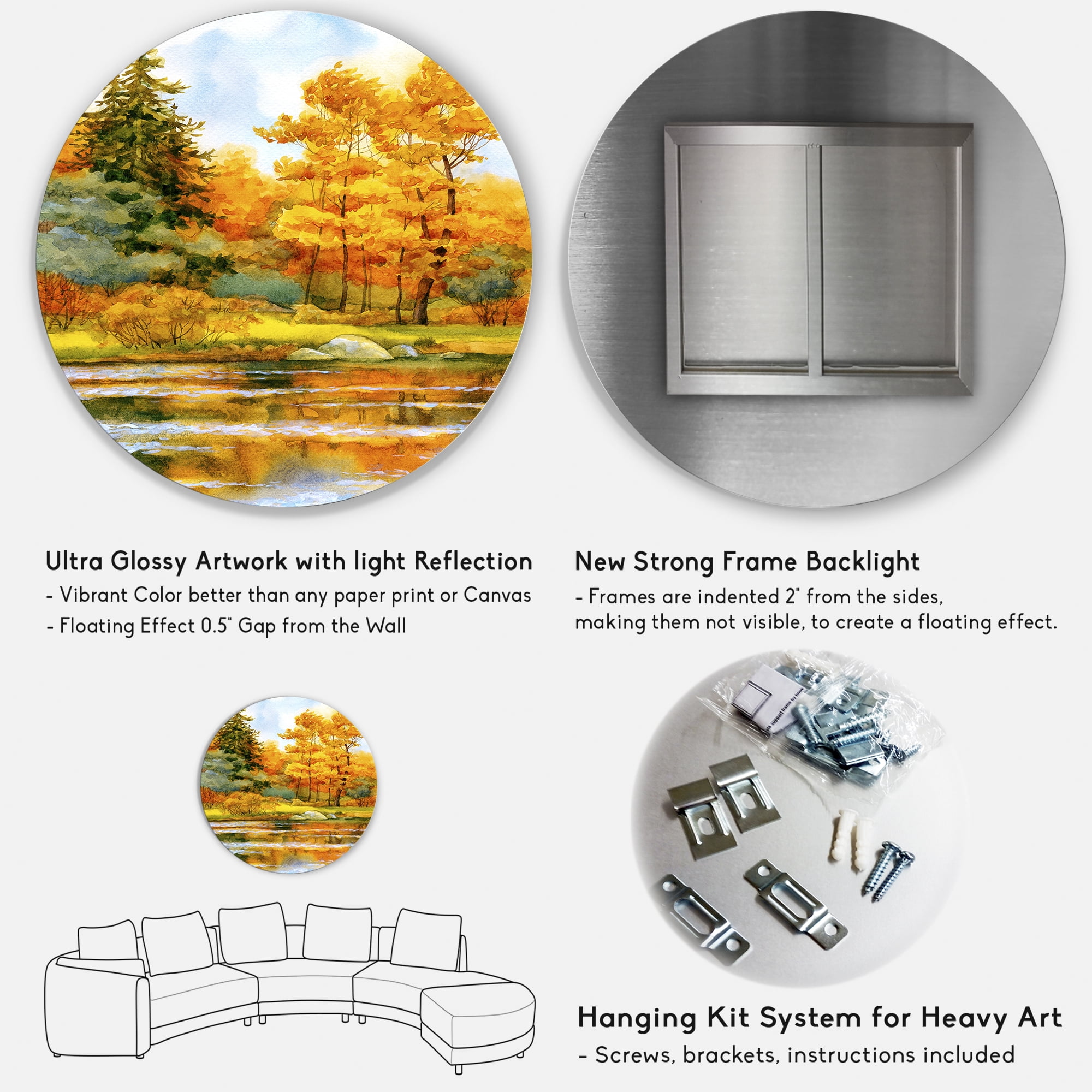 Designart 'Autumn Forest By The Lake Side II' Lake House Circle Metal Wall Art 29x29 - Disc of 29