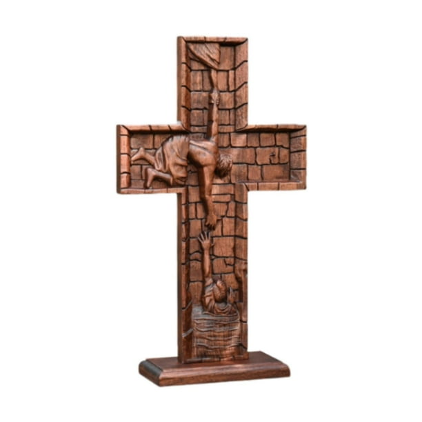 Crucifijo de madera de Jesús Salvador con base para oración, recuerdo católico hecho a mano 35 x 205 x 25 cm