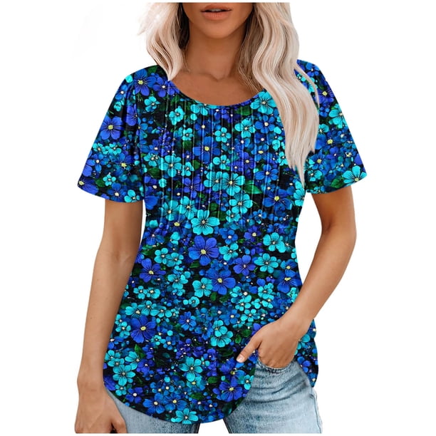 Camiseta de Cuello Redondo de Impresión Floral Casual de Manga Corta de las Mujeres, Blusa de Verano de Moda Ligera para el Día Y la Fiesta
