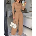 thumbnail image 3 of CHICME Jumpsuits for Women Dressy Pearls Decor Long Sleeve Casual Ruched Wide Leg Rompers Brown-XL, 3 of 9