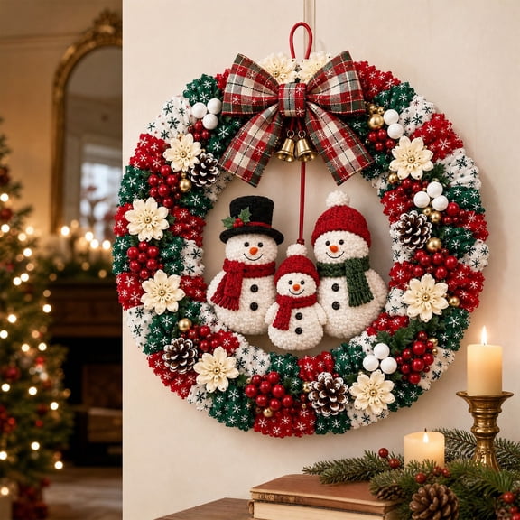 Christmas Fabric Poke Wreath DIY Kit, Handmade Holiday Wreath Craft Set with Ornaments, Instruction Guide & Poke Tool for Indoor Xmas Wall Door Decor