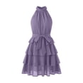 thumbnail image 5 of Women's Casual Halter Zipped Sleeveless Solid Color Dress Layered Ruffle A Line Mini Dress with Drawstring Purple, 5 of 8