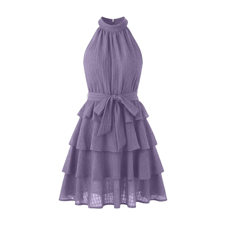 purple halter dress short Miluxas Women's Sleeveless Tiered Mini Ruffle Layered Flowy A Line Dress with Waist Tie for Party Cocktail Casual Summer swimsuit