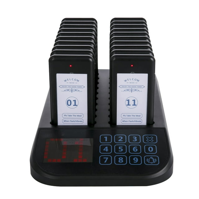 KFFKFF F103 Restaurant Pager System 20 Pagers, Max 98 Beepers Wireless Calling System, Touch Keyboard with Vibration, Flashing and Buzzer