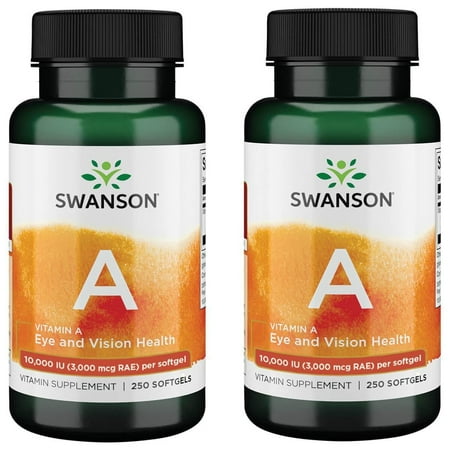 Swanson Vitamin A 10,000 IU (3,000 mcg RAE) Natural Nourishment for Bone, Skin Health, Vision Support & Immune System Function - High Absorption Vitamin A 250 Softgels (2 Pack)