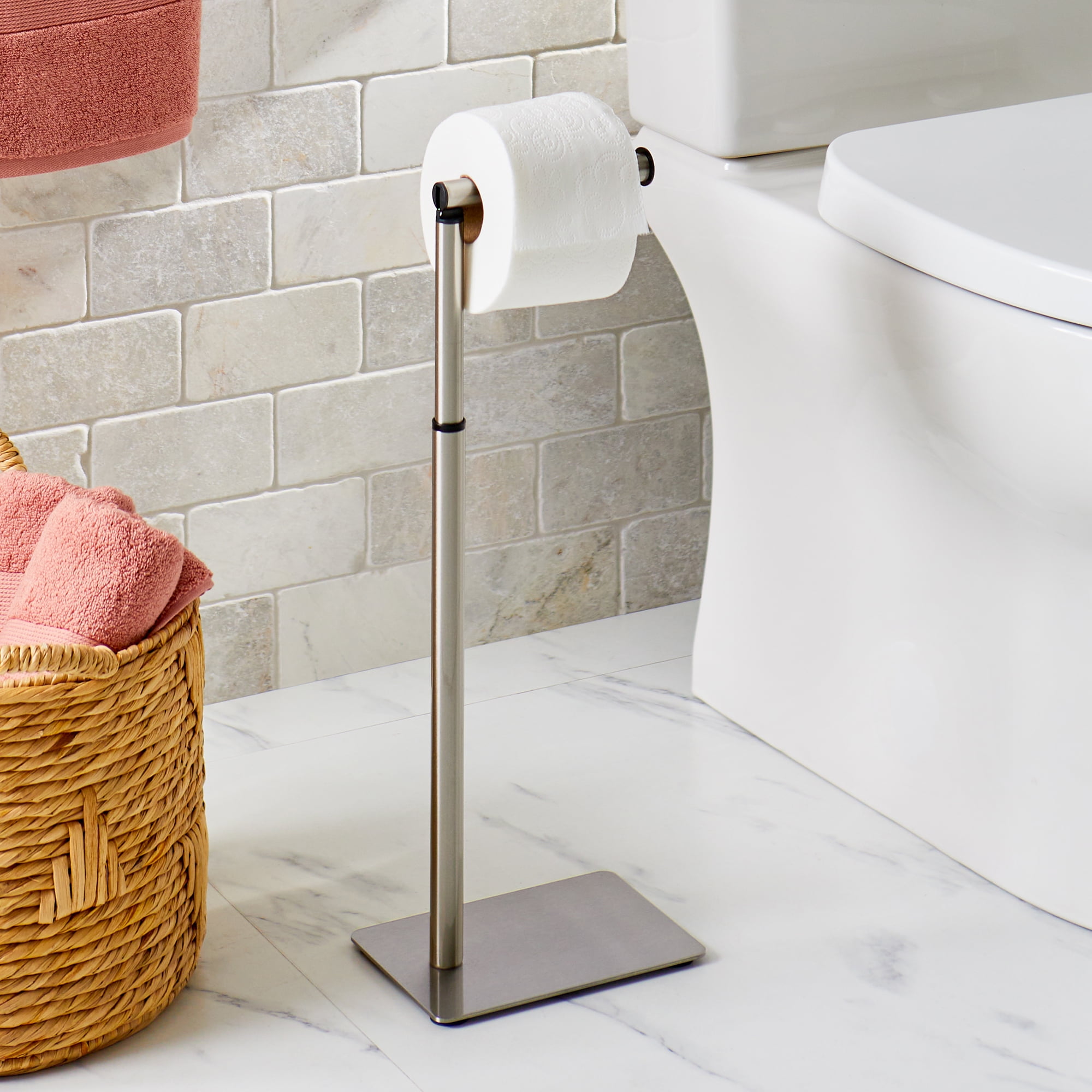 Better Homes & Gardens Free Standing Toilet Paper Holder, Satin Nickel Finish