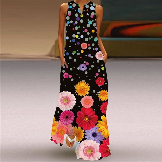 2024 Mode Femmes Robe Longue Sans Manches Imprimé Floral Col en V Robe Été Vacances Plage Décontractée Élégante Vintage Robes Fête