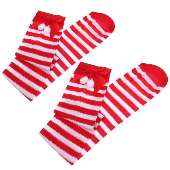 SWETRACE Red and White Striped Over-the-Knee Christmas Socks with Red Bow Pom Pom