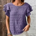 thumbnail image 2 of Fesfesfes Women's Casual Wrinkle Tops New Summer Short Ruffle Sleeves T-Shirt Round Neck Textured Fabric Flowy Tee Solid Color Outdoor(Purple,L), 2 of 7
