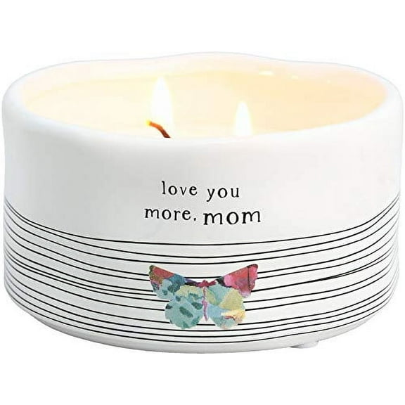 Pavilion Gift Company Love You More Mom Double Butterfly Candle in Ceramic with 100% Soy Wax & Cotton Wicks-Tranquility Scent, White