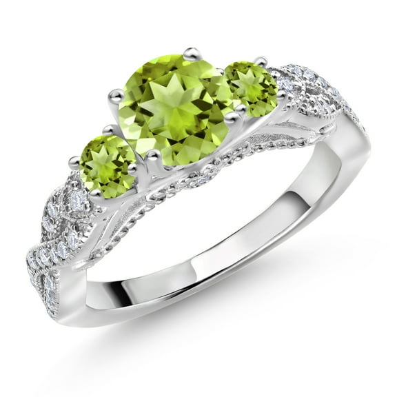 Gem Stone King 925 Sterling Silver Green Peridot and White Moissanite Engagement Ring for Women (1.51 Cttw, Gemstone August Birthstone, Round 6MM and 3MM, Size 6)