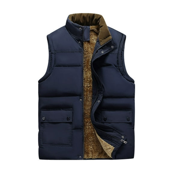 HOOMEUMY Men's Turndown Collar Zipper Slim Fit Sleeveless Jacket Puffer Vest Insulated Outdoor Work Waistcoat Thick Thermal Jacket (Blue,L）