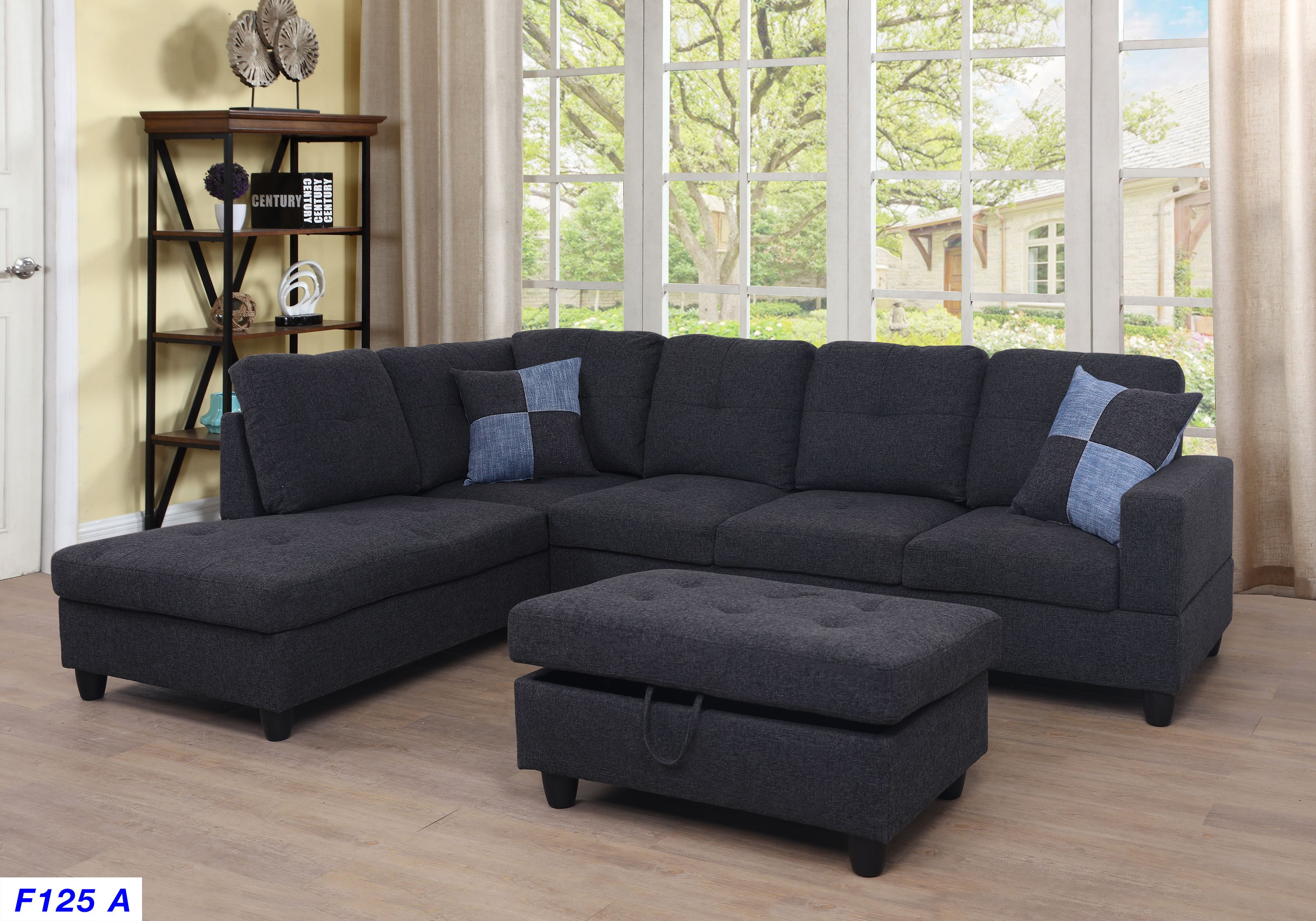 Angello Left Facing Sectional Sofa With Ottoman Midnight Grey