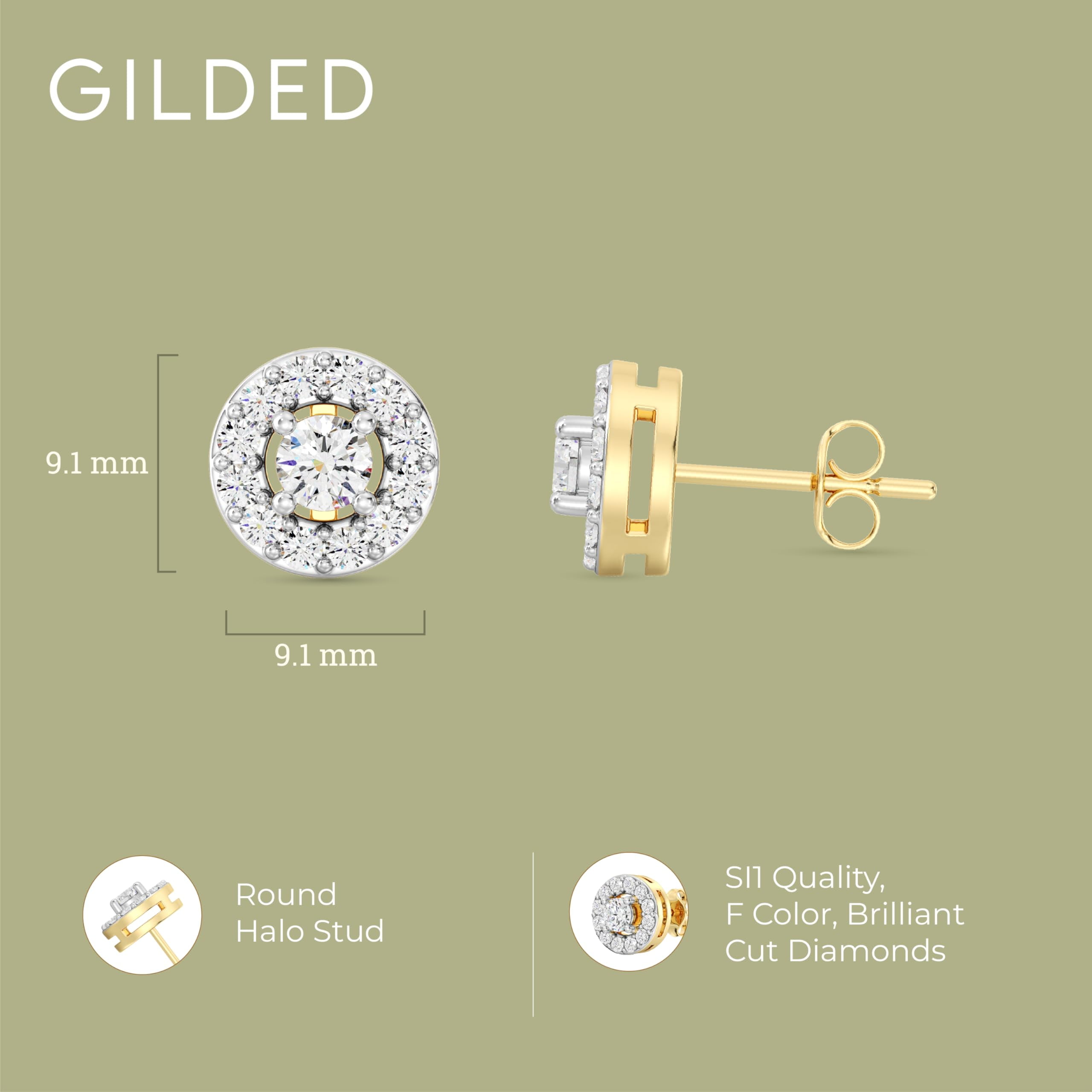Gilded 1 Carat Total Weight Lab-Grown Diamond 14KT Yellow Gold Plated Silver Stud Earrings for Women, Round Halo Shaped, Hypoallergenic Fine Jewelry, Prong Setting, Push Back Nut, SI1 Clarity F Color