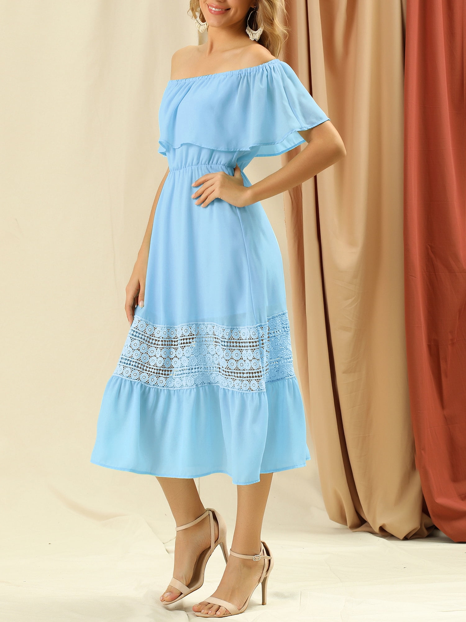 DARING DIVA Women's Off Shoulder Flutter Sleeve Maxi Dress XL Light Blue