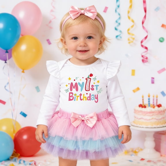 MEZZALL Girls Birthday Outfits Long Sleeve Romper Skirt And Hair For Toddler First Year Celebration Party Photoshoot Adorable Clothing Sets