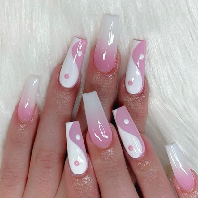 Uñas postizas acrílicas rosas con diseño chino brillante, uñas postizas para baile de graduación, uñas TaiChi para mujer (24 piezas)