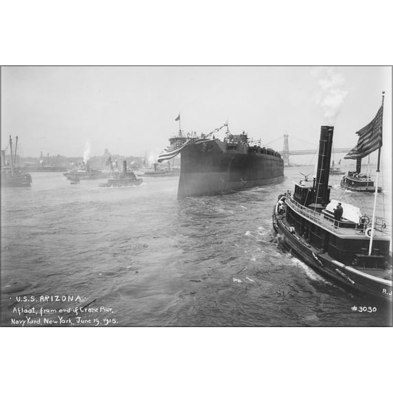 24"x36" Gallery Poster, USS Arizona, Afloat, From End of Crane Pier, Navy Yard, New York 1915