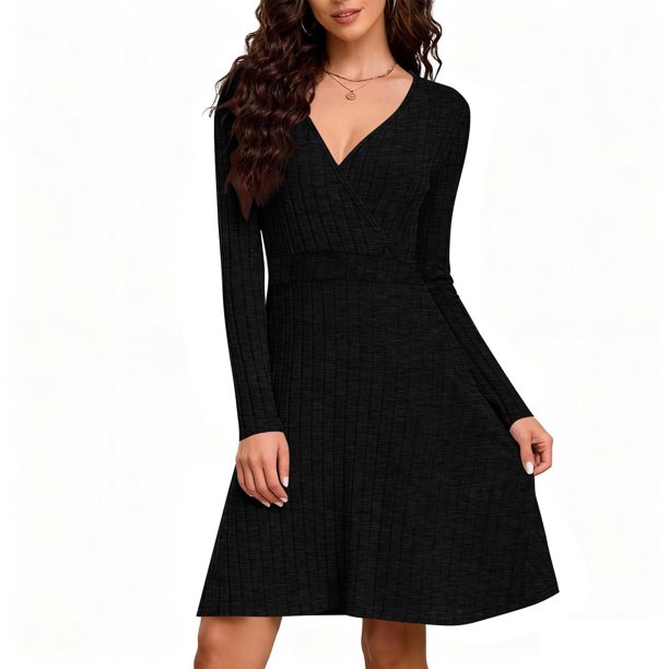 mfyjkho Vestidos para mujer, Vestido de manga larga con escote en V y canalé cepillado de color liso para mujer Vestidos festivos para mujer s