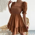 thumbnail image 4 of Mrat Women's Short Puff Sleeve Squares Neck Solid Flowy a Line Short Dresses Can Wear off Shoulder S-24 Brown s, 4 of 6