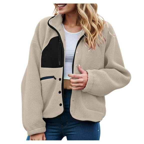 felwors Womens Fuzzy Fleece Jacket Fall Casual Long Sleeve Cropped Sherpa Button Down Shacket Coats Outwear With Pockets Beige, XXL
